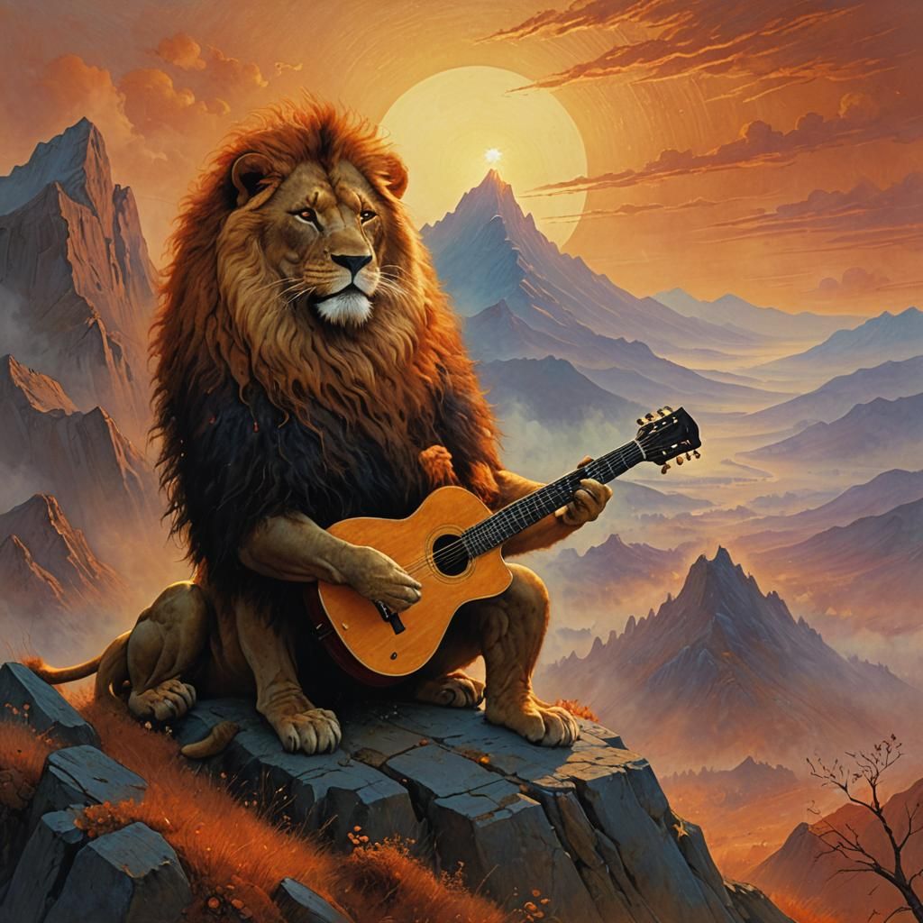 Lion Guitarist on Mystic Mountain at Sunset