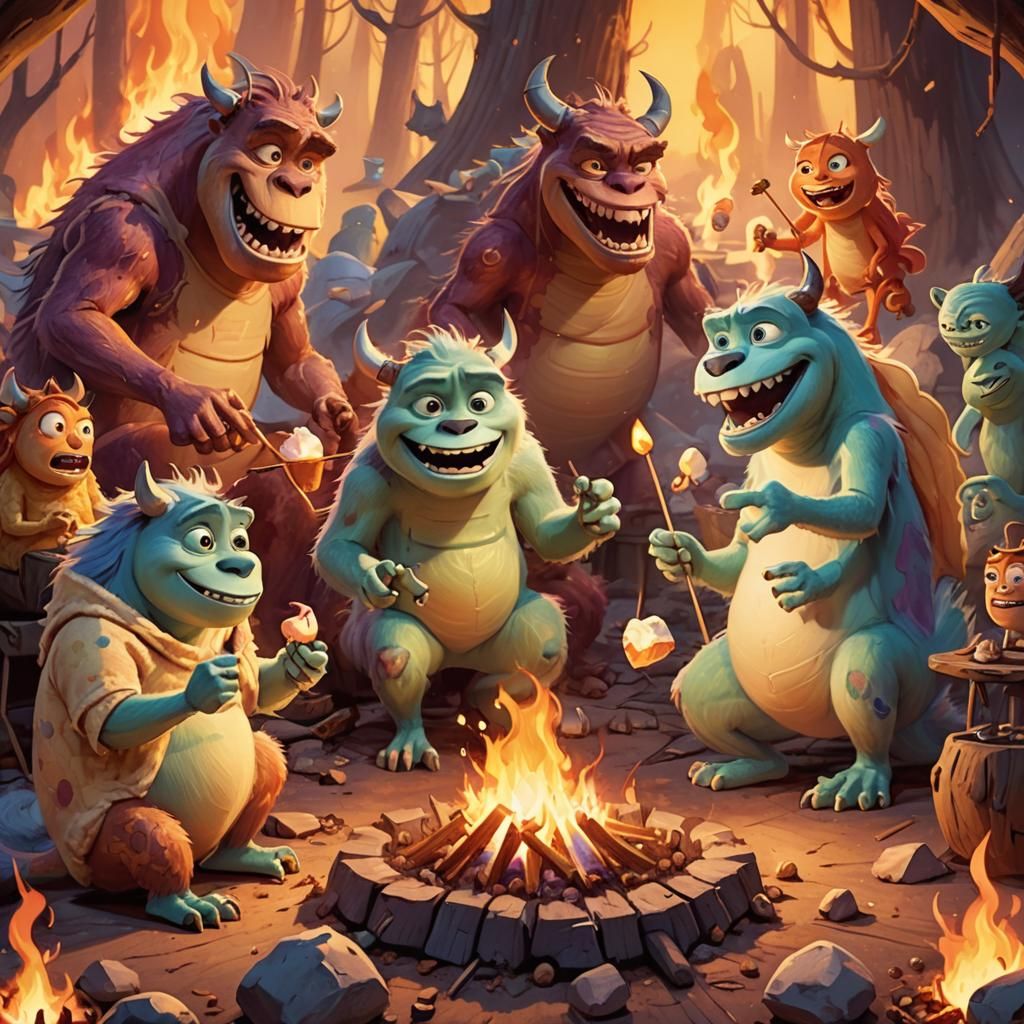 Monsters Inc Friends Roast Marshmallows under Dragon's Breat...