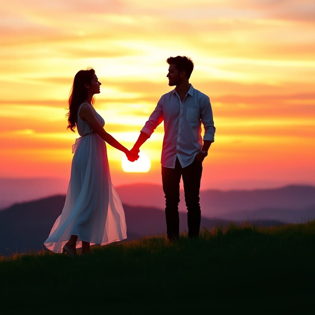 Dreamy Sunset Couple in Whimsical Watercolor Style