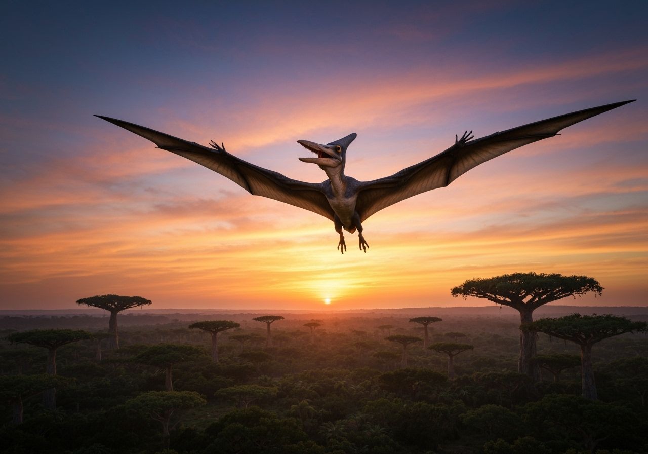 Pterodactyl Soaring Over Jurassic Landscape at Sunset