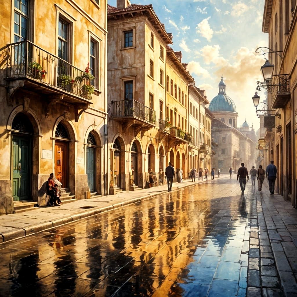 Old City Street Scene in Watercolor and Oil