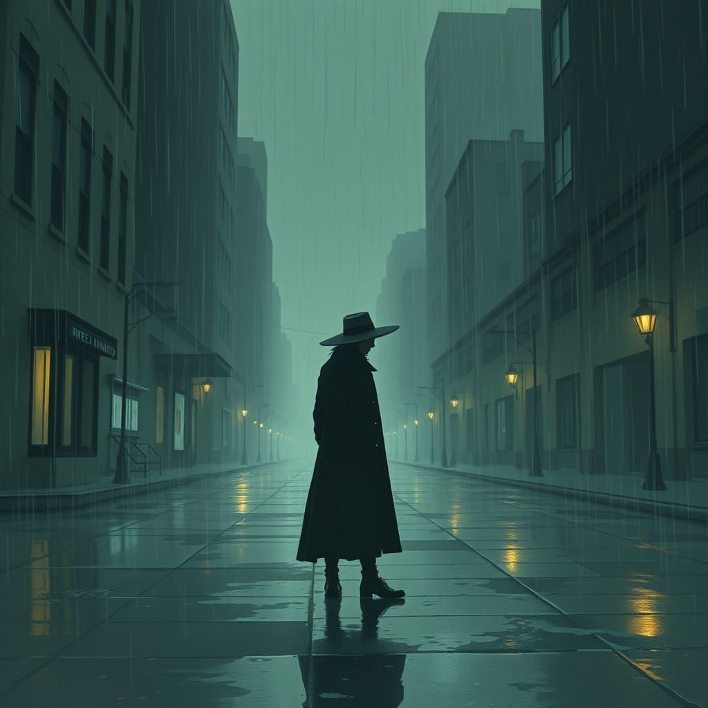 Crying Figure in Rainy City Street, in Moody, Atmospheric St...