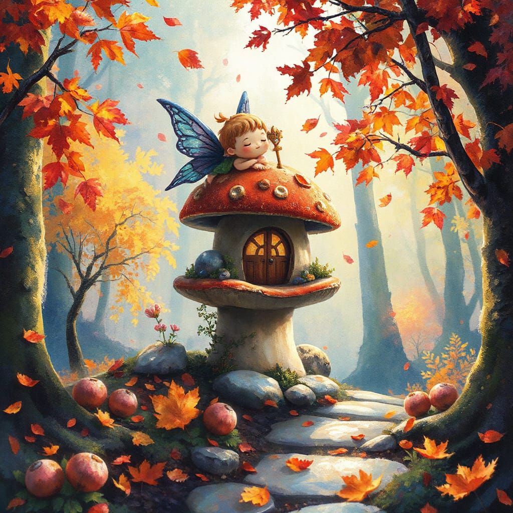 Whimsical Chibi Fairy in Autumn Forest, Artistic Fusion