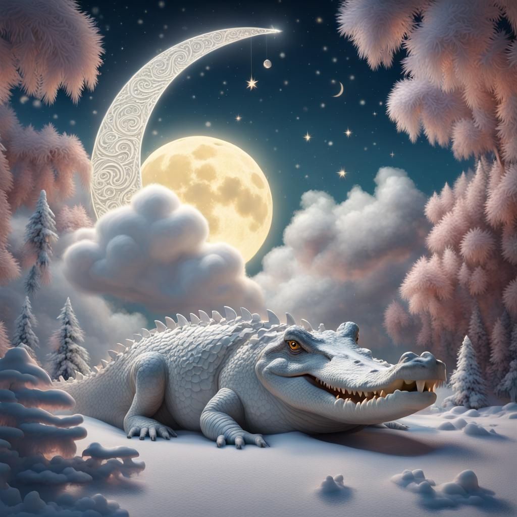 Albino Crocodile Family in Winter Wonderland