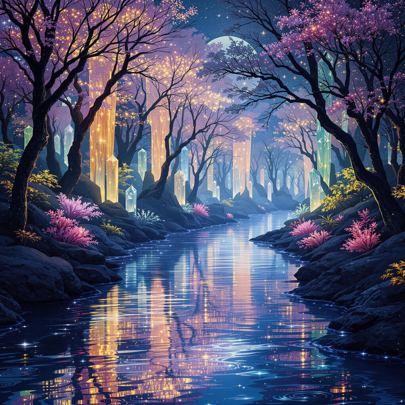 Alien Forest Creek with Crystalline Trees