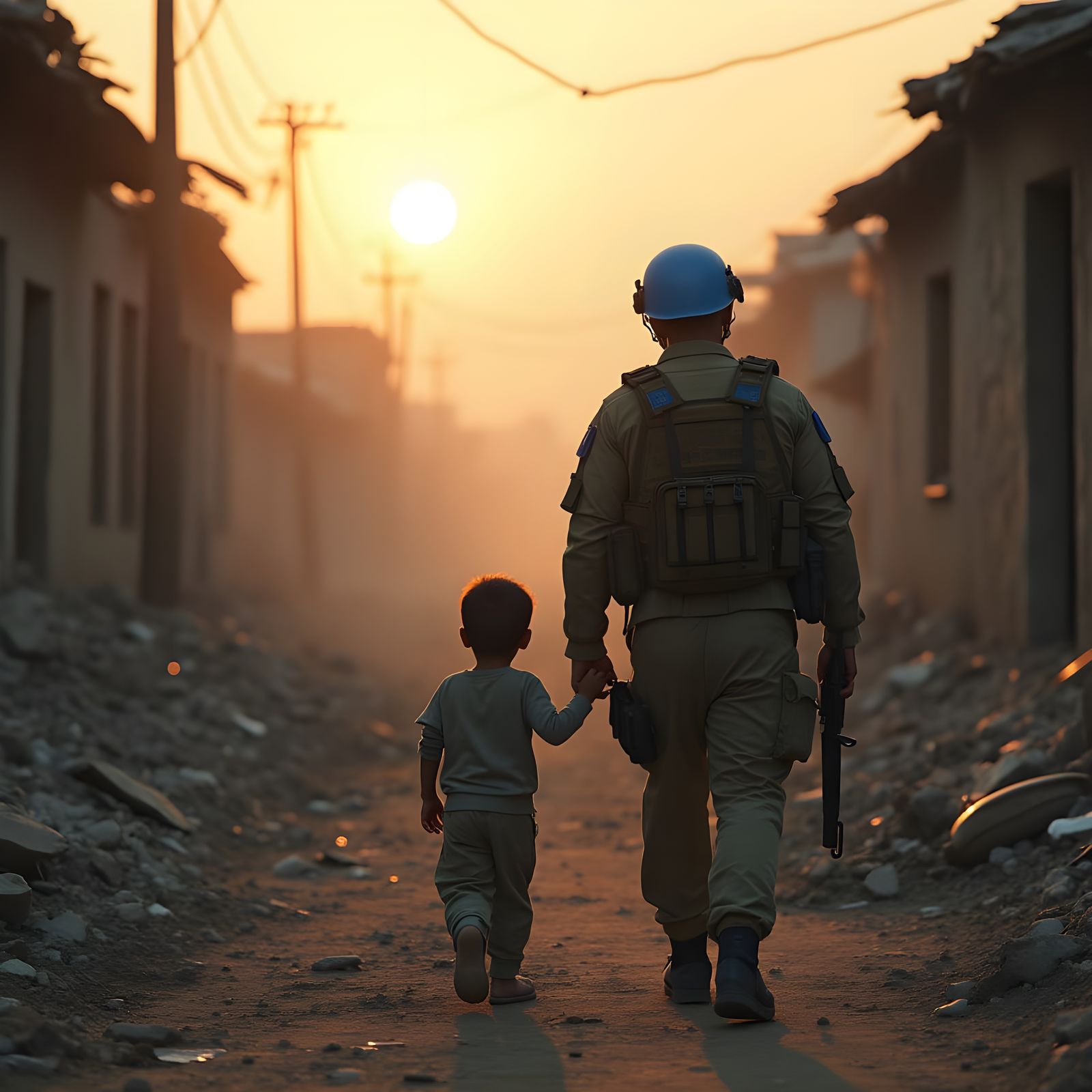 Peacekeeper Guides Child Through War-Torn Village