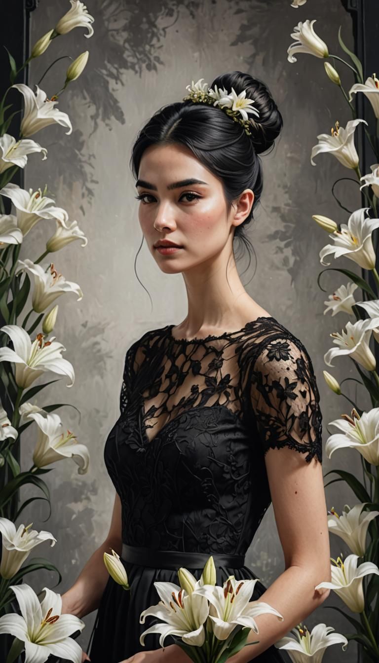 Woman with Lilies: Hyperrealistic Black and White Portrait