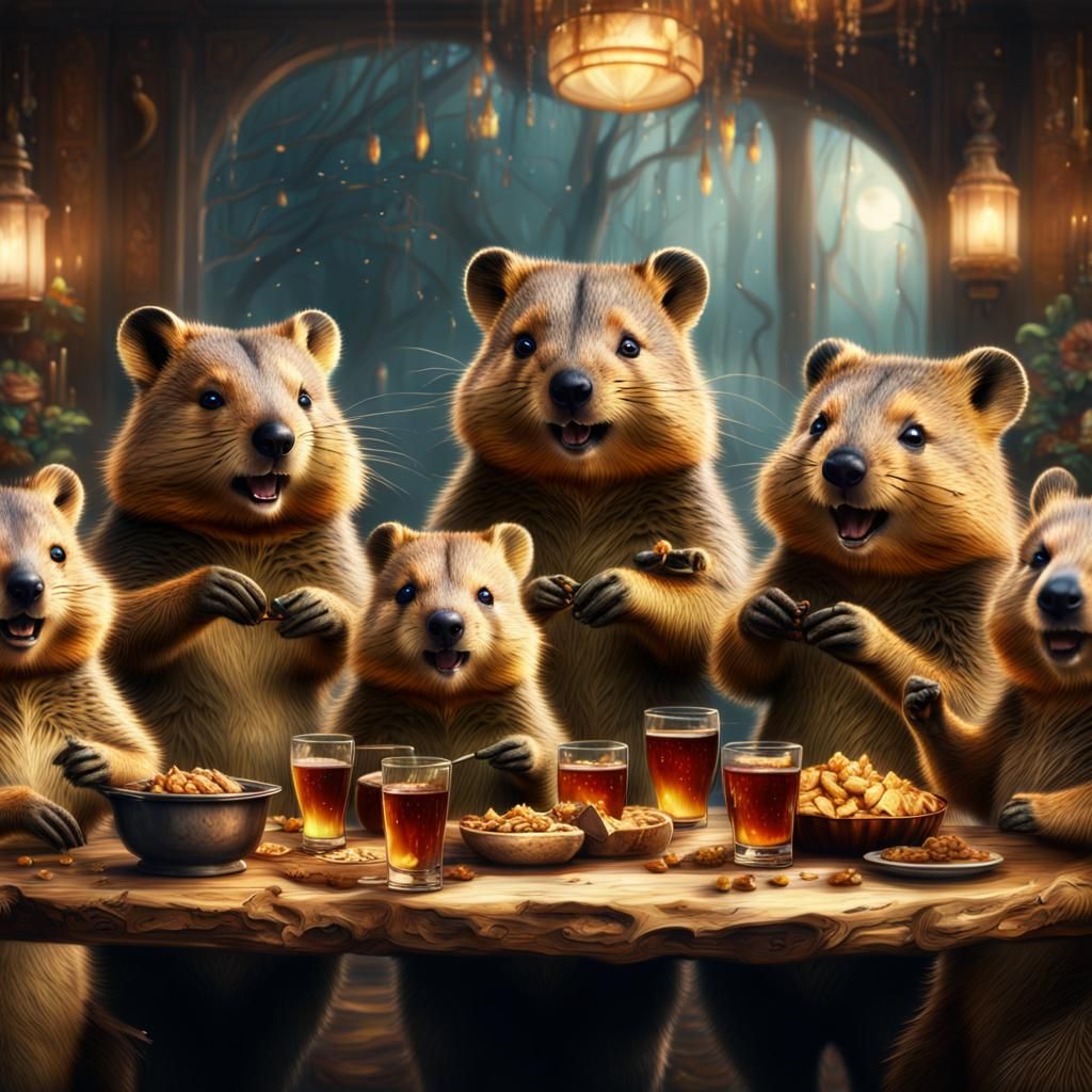Happy Quokka Family Celebration, Digital Matte Painting