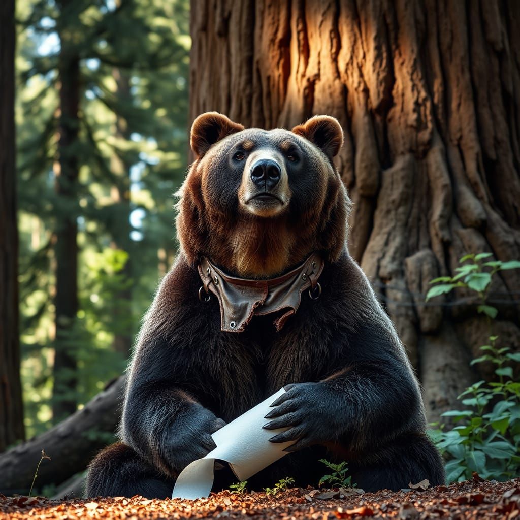 Grizzly Bear with Toilet Paper in Redwood Forest