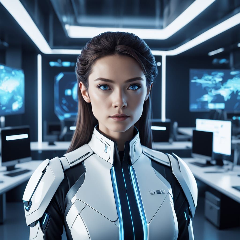 Woman Teaches in Futuristic Office with Neon Lighting