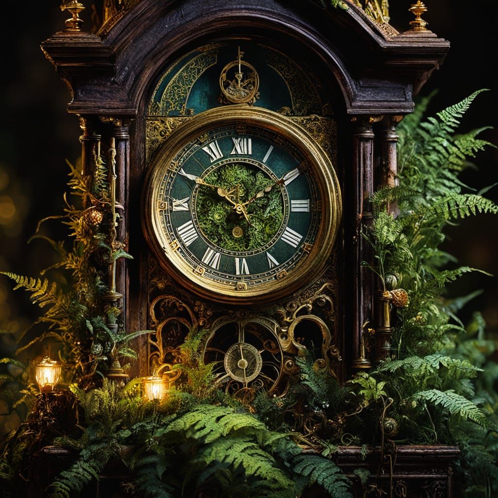 Grandfather Clock Fern Garden in Dark Fantasy Style