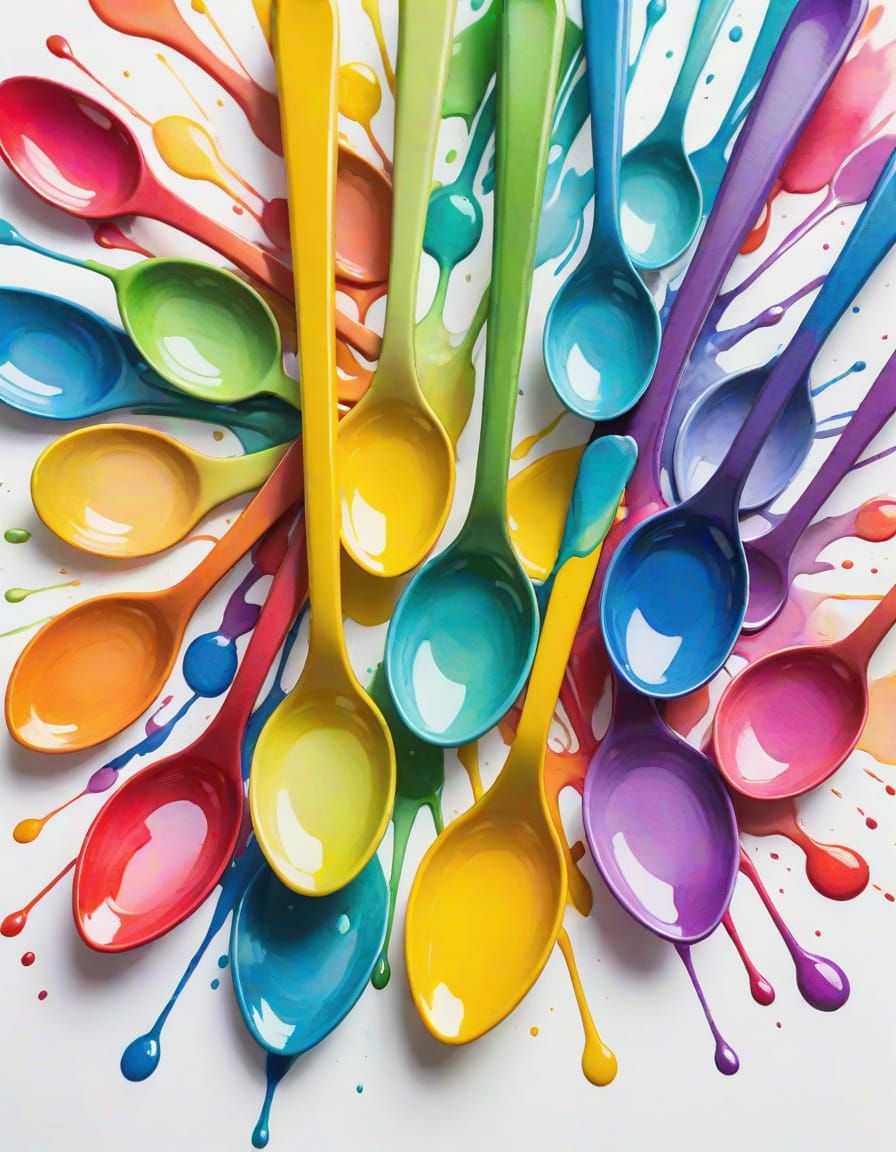 Vibrantly Multicolored Spoons in Fauvist Watercolor Splash A...