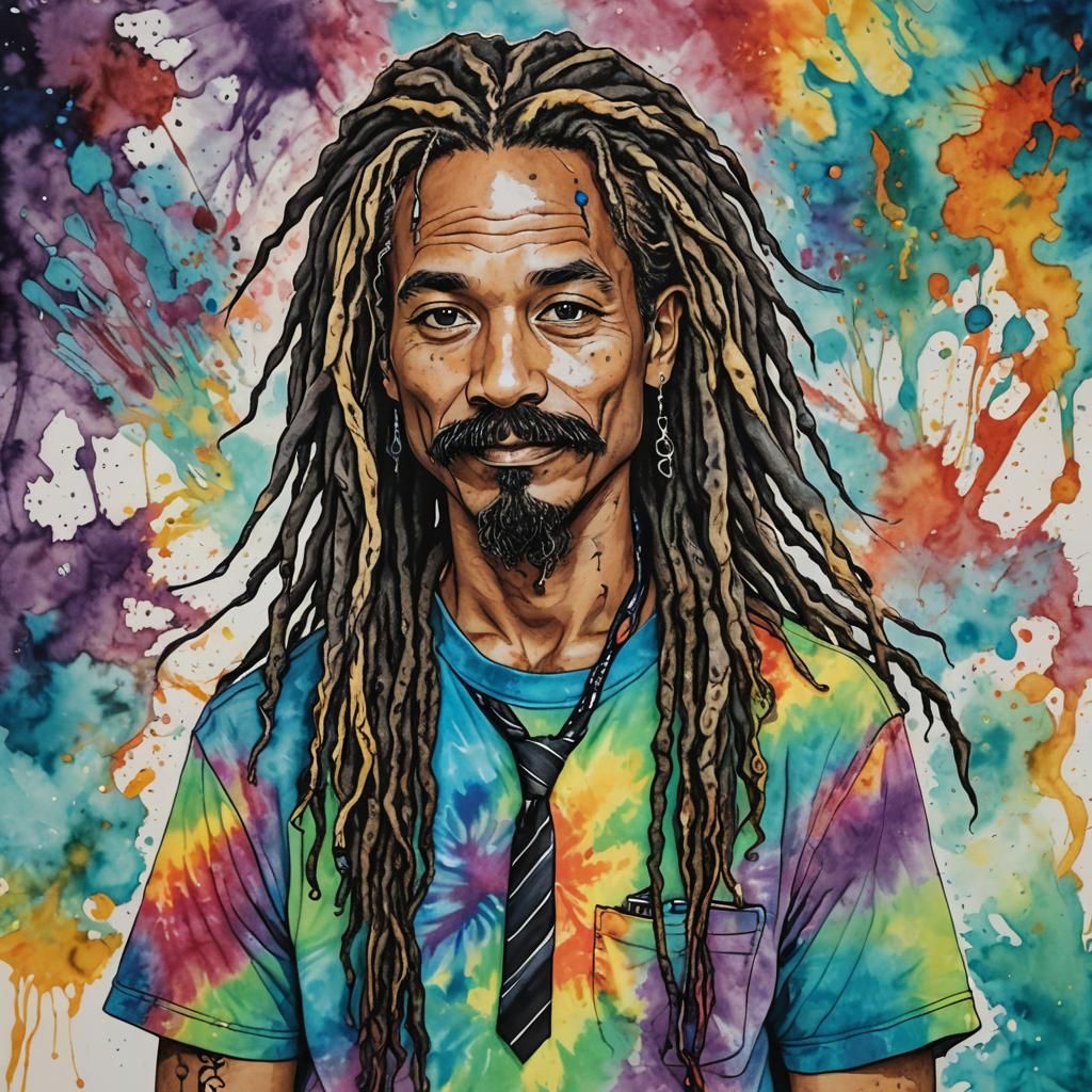 Tie-Dye Man with Dreads: Pen and Ink Portrait