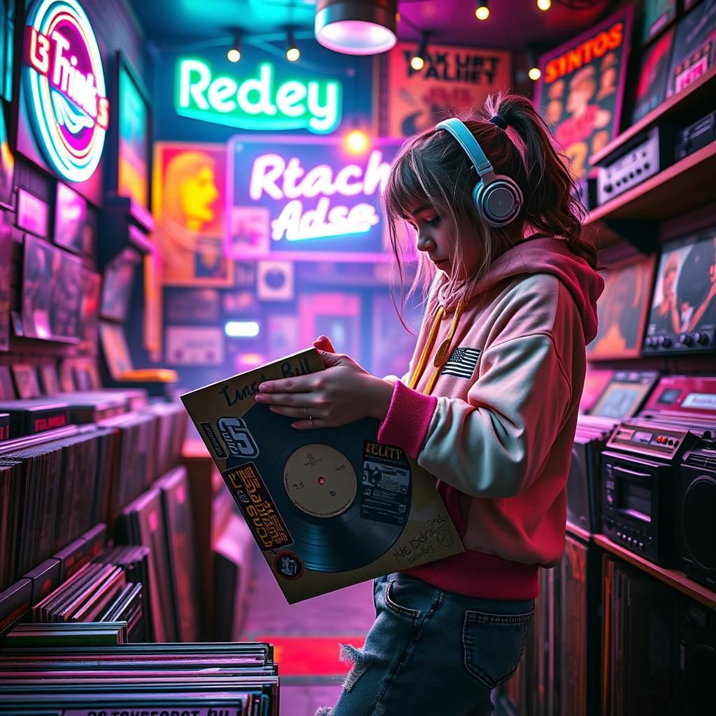 Girl Packs Vinyl Record in Retro Store: Digital Art