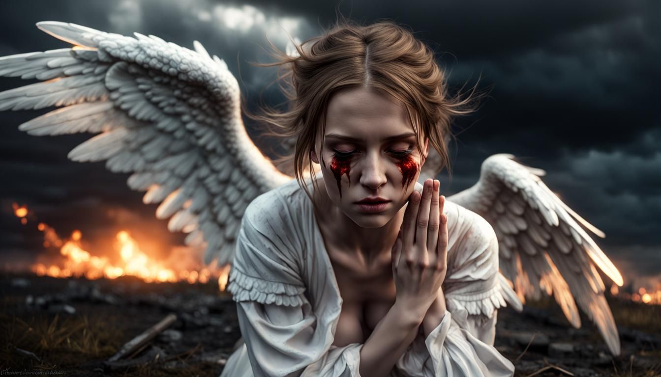 Fallen Angel Crying on Battlefield: Dark Fantasy Art