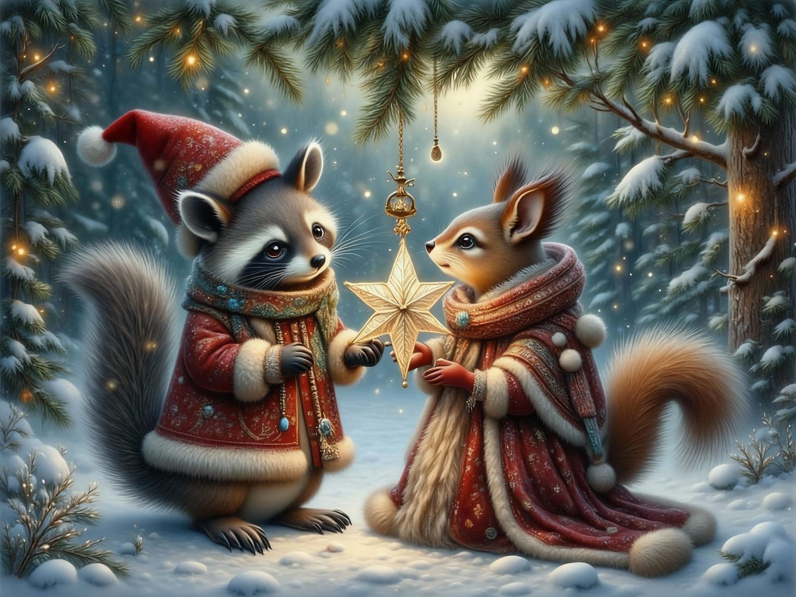 Raccoon and Squirrel Decorate Snowy Forest Christmas Tree