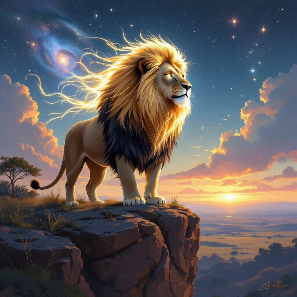 Lion with Mane of Light Over Starlit Savanna
