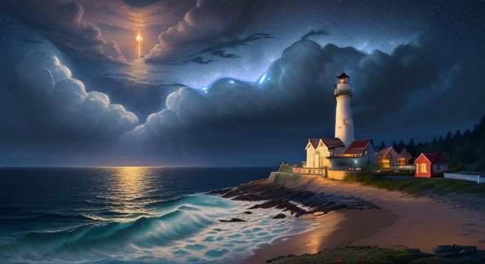 Lighthouse at Night in Storybook Style