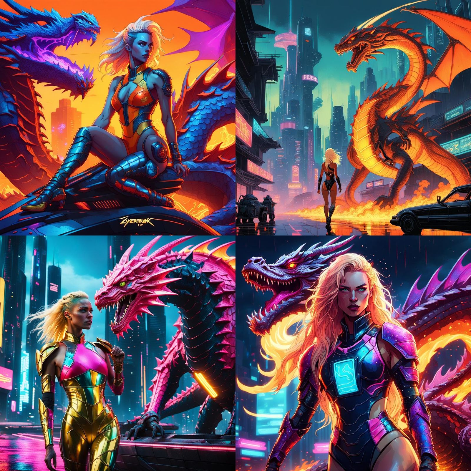 Cyberpunk Dragon Rider in Fire Armor