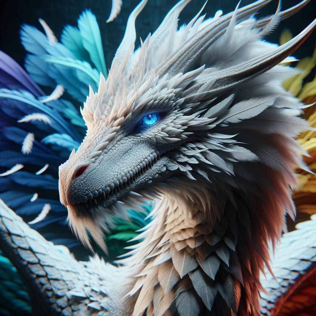 Hyperrealistic White Dragon with Feathered Wings