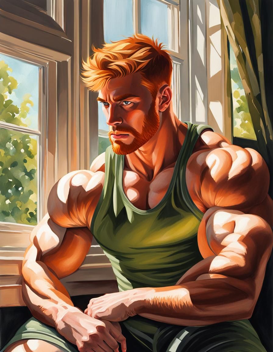 Ginger Bodybuilder: Gouache Portrait in Morning Sunlight