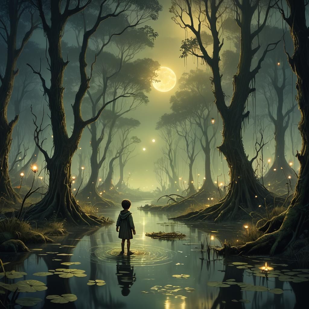 Child Follows Will o' the Wisp in Swamp