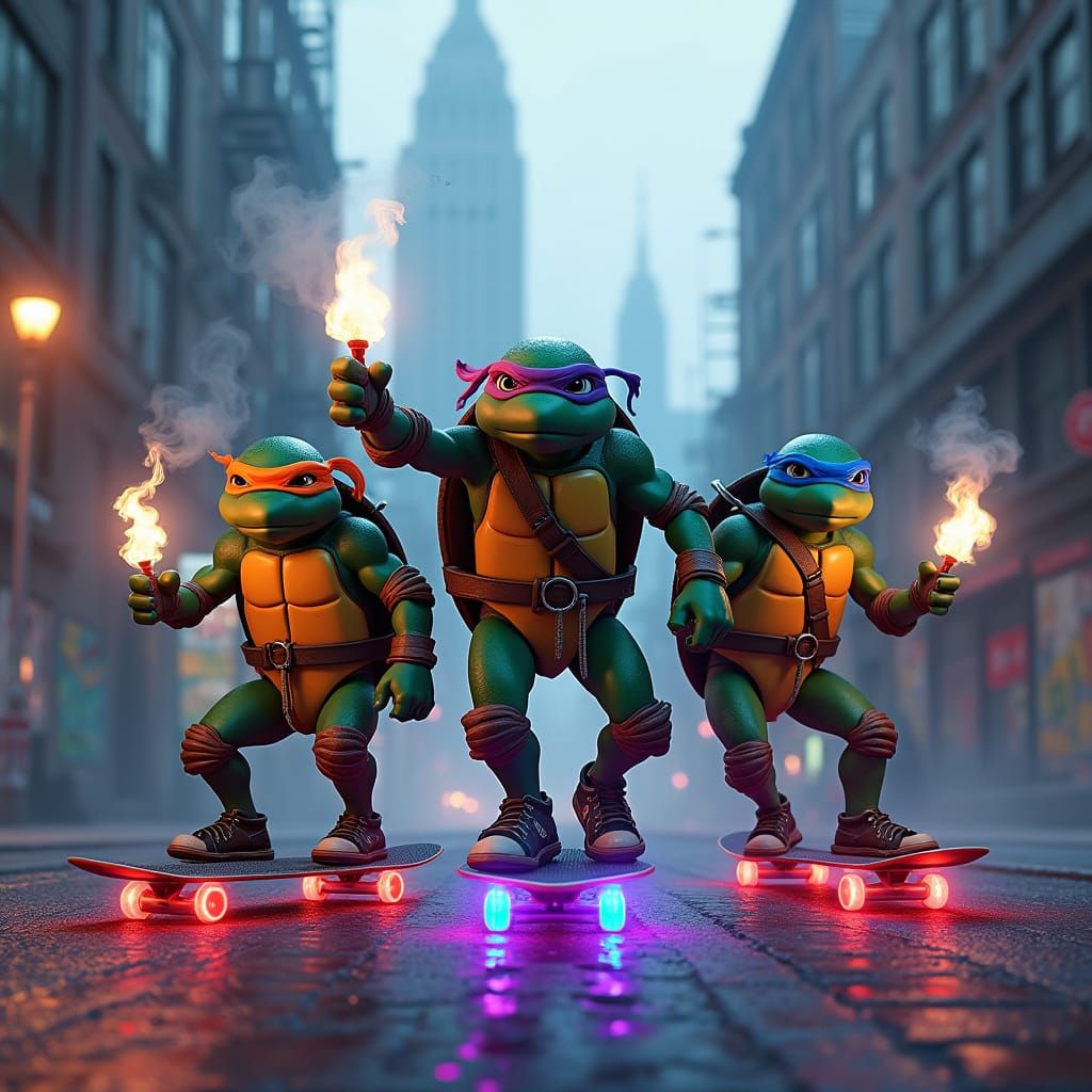 Surreal Cyberpunk Cityscape with Ninja Turtles Skateboarding