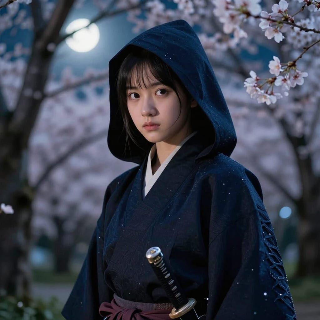 Hooded Samurai Girl Lurks in Sakura Forest