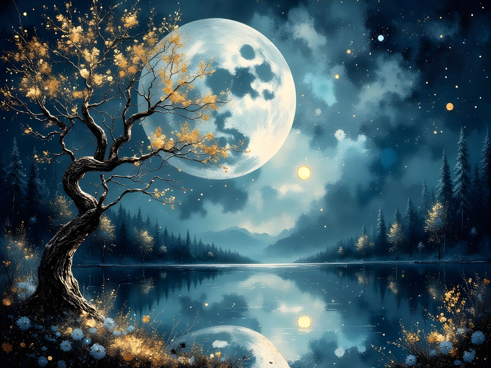 Magical Twilight Landscape with Huge Moon