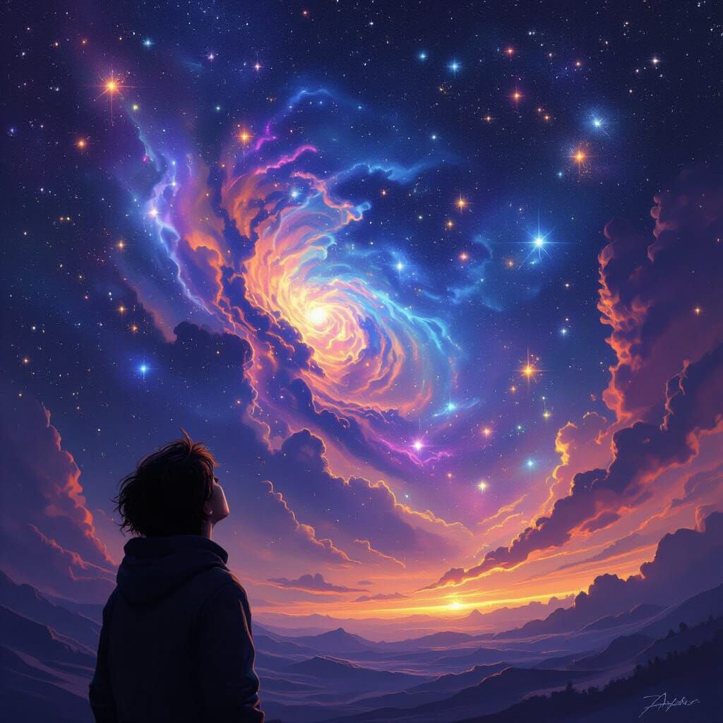 Cosmic Night Sky with Swirling Nebulae and Galaxies