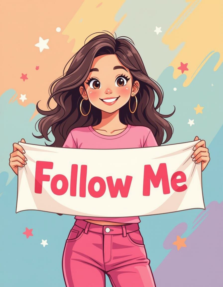 Girl with Follow Me Banner in Playful Style