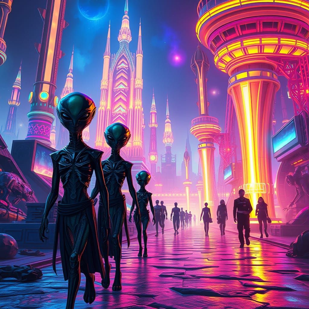 Surreal Futuristic Cityscape with Iridescent Alien Architect...