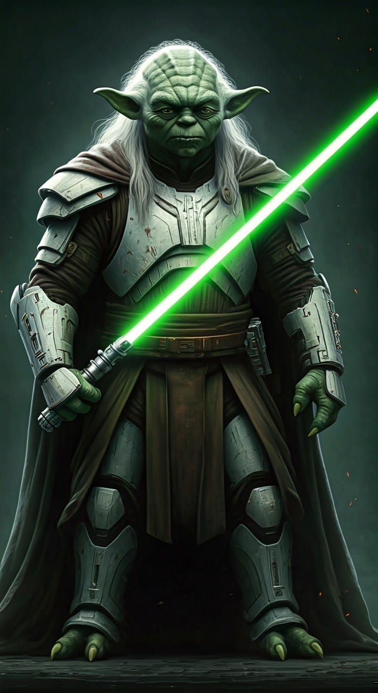 Hyperrealistic Young Master Yoda with Lightsaber