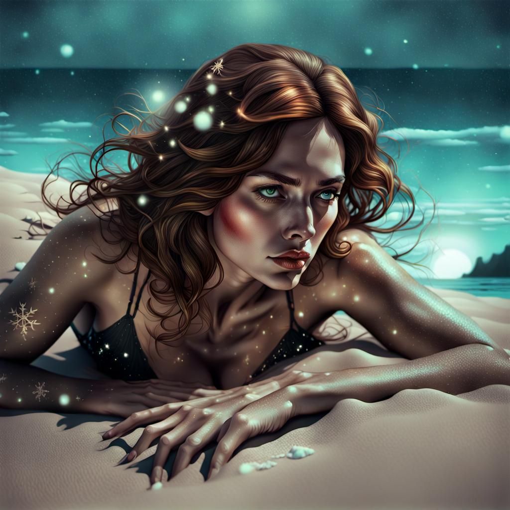 Woman Sunbathing on Beach with Aurora Effects