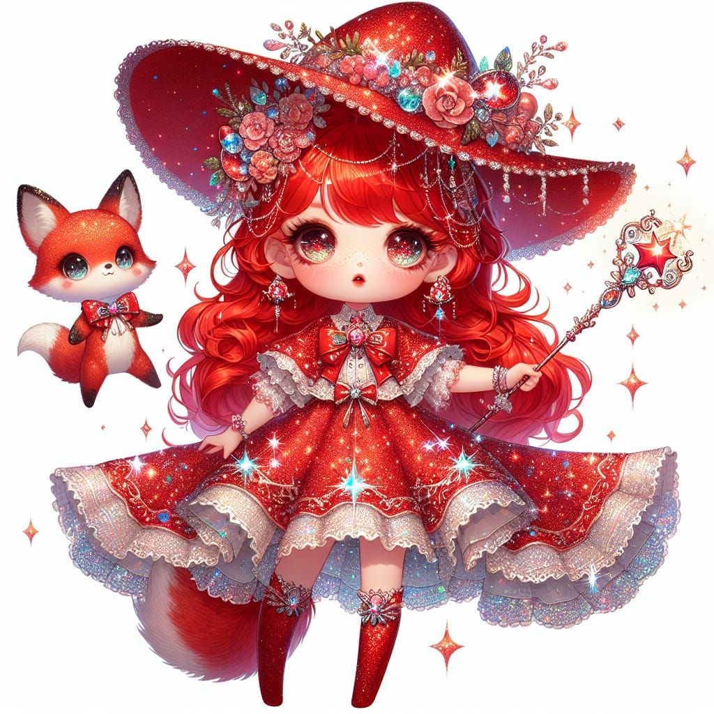 Enchanting Magical Girl with Fox in Antique Cartoon Style