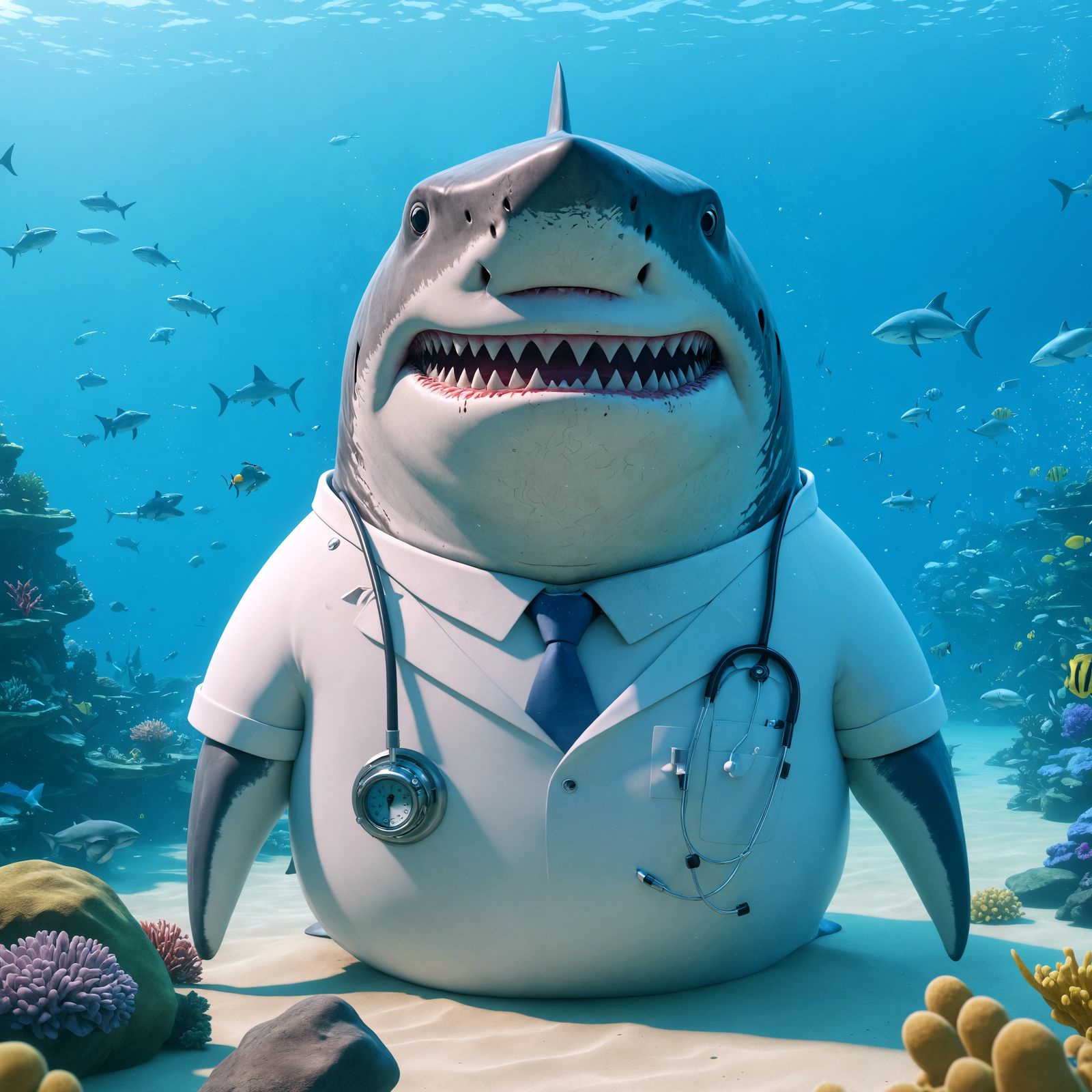 Gigantic Shark Doctor in Underwater Cartoon Scene
