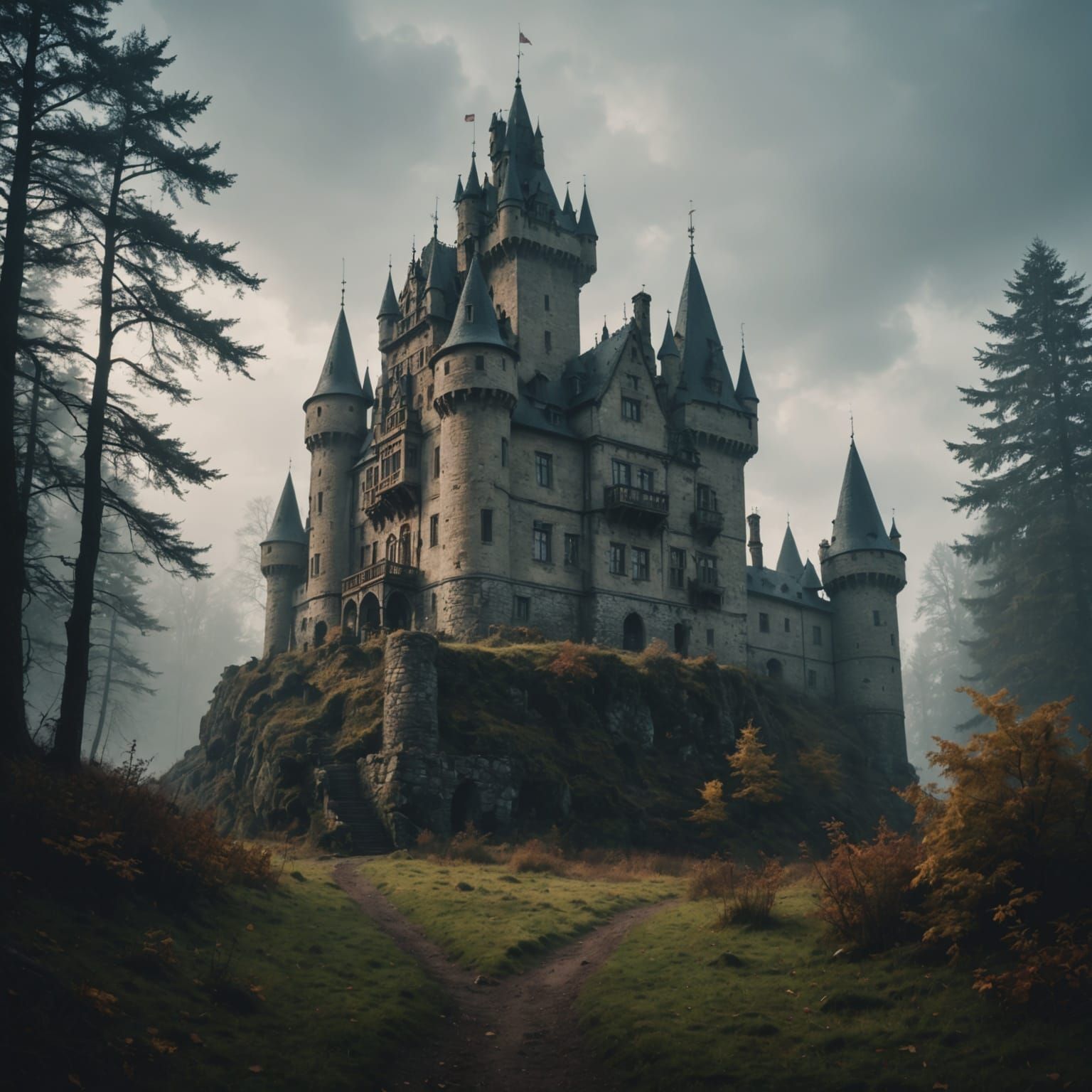 Mysterious Renaissance Castle Shrouded in Fog