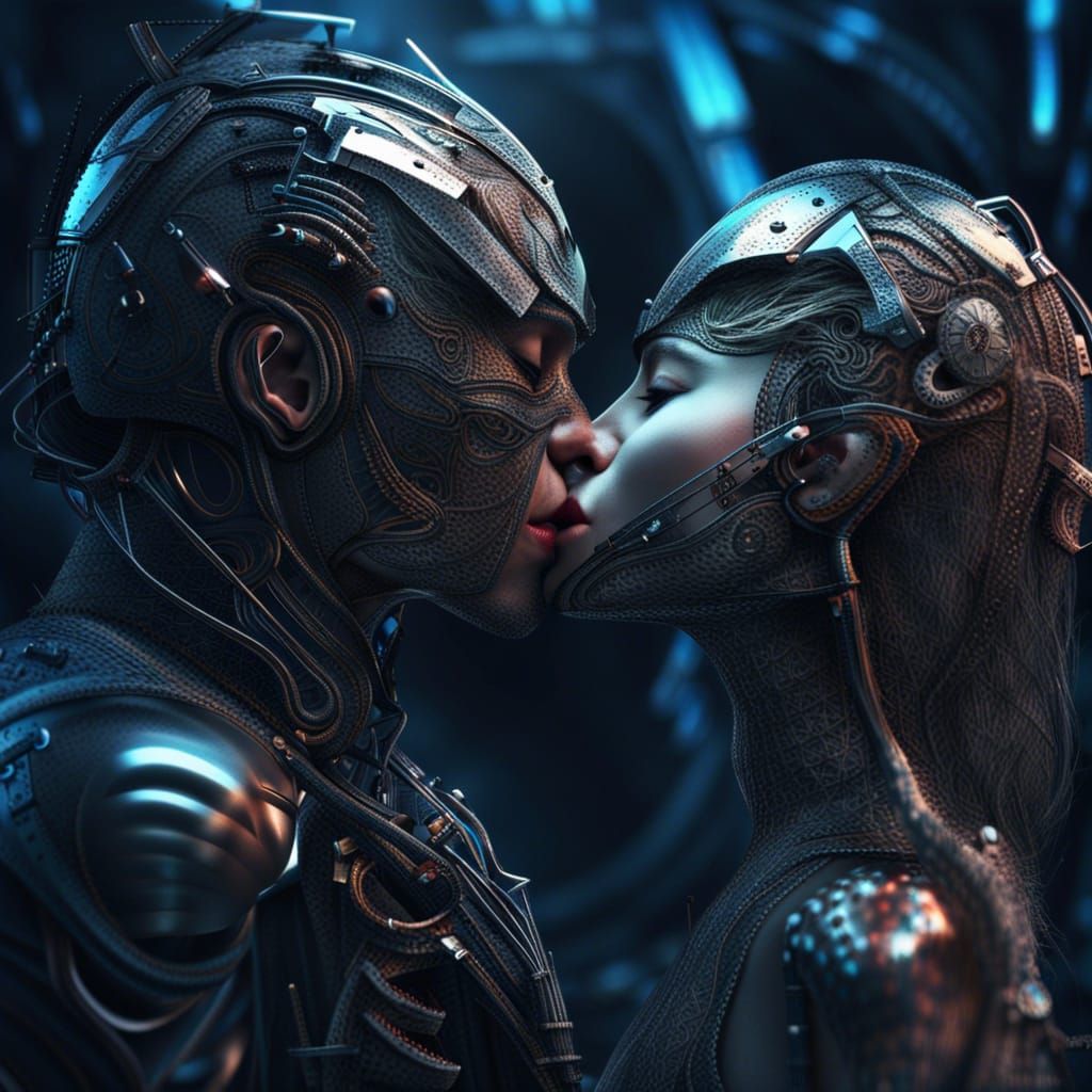 Futuristic Couple Kissing in Apocalyptic Landscape