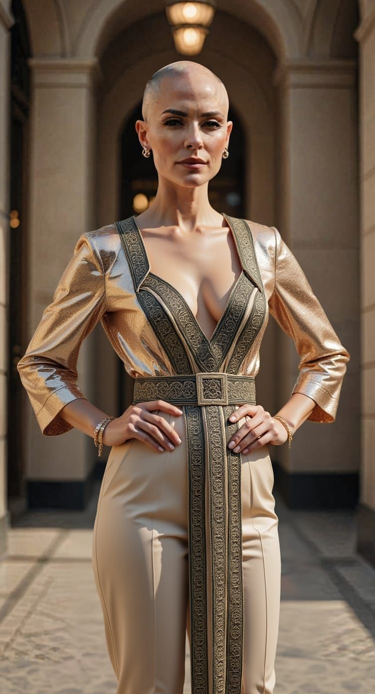 Elegant Bald Woman Posing in Art Nouveau Style