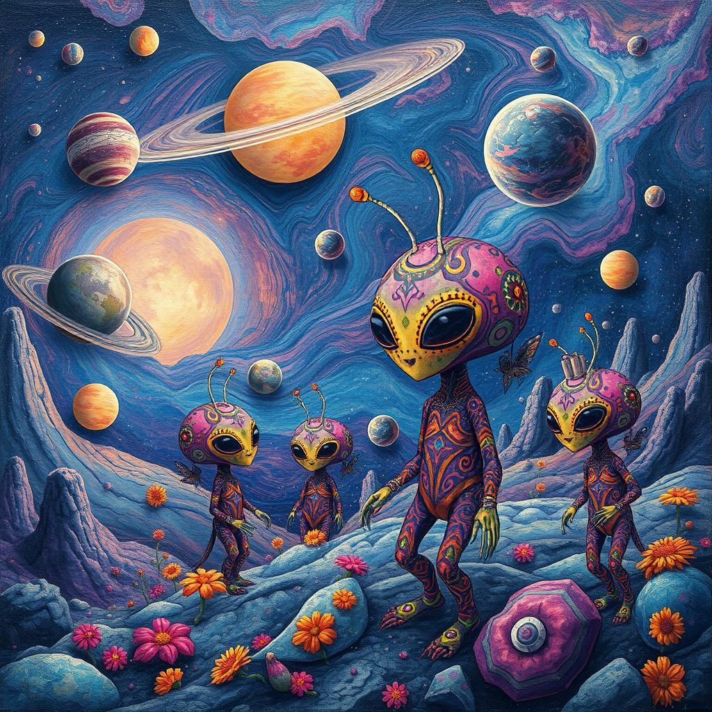 Vibrant Folk Art Space Aliens in Cosmic Landscape