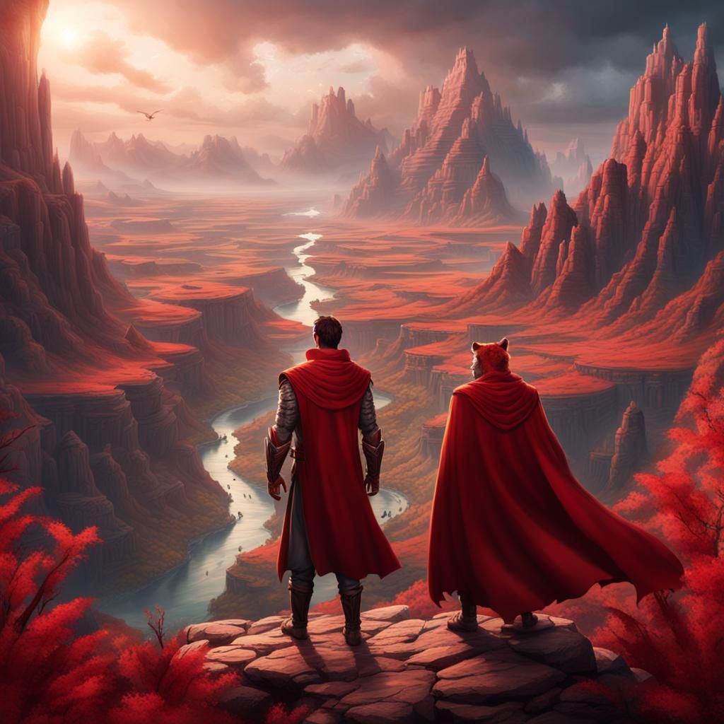 Man in Red Cape with Tiger and Canyon