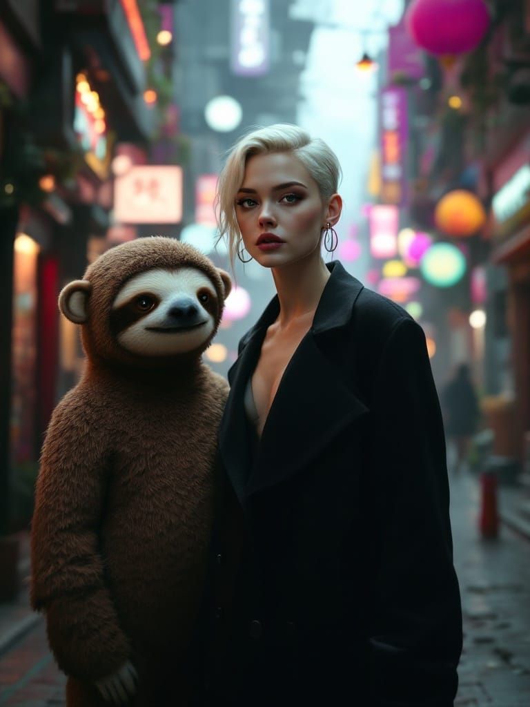 Surreal Cityscape with Sloth and Human in Whimsical Harmony