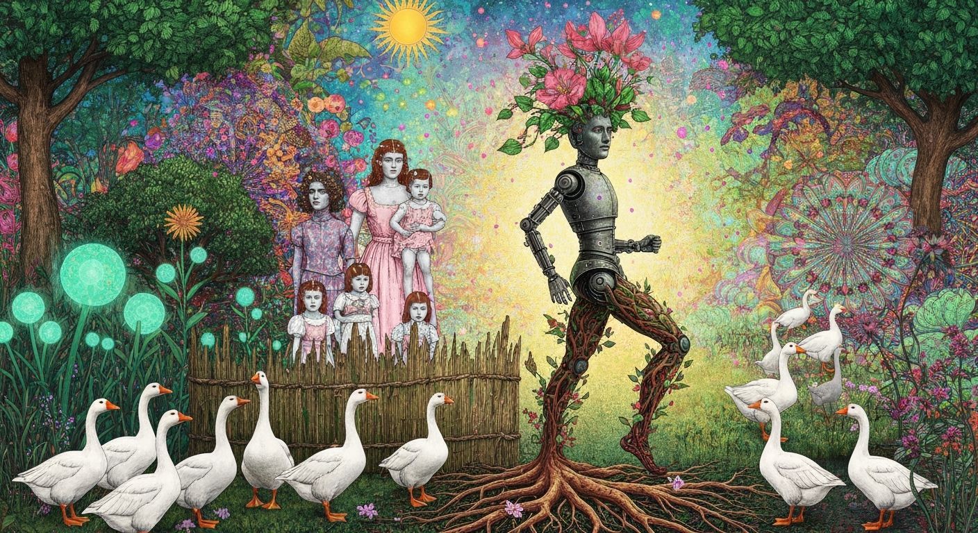 Mythical Geode-Flora Creature in Dreamlike Eco-Art Garden