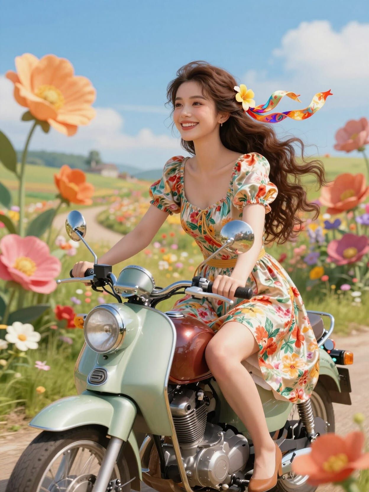 Biker Woman Rides Vintage Motorcycle Through Floral Countrys...