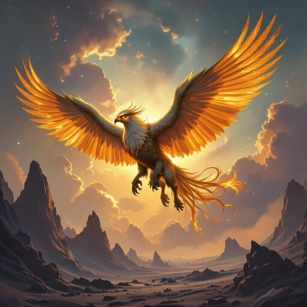 Majestic Griffin Soaring Through Nebula Sky
