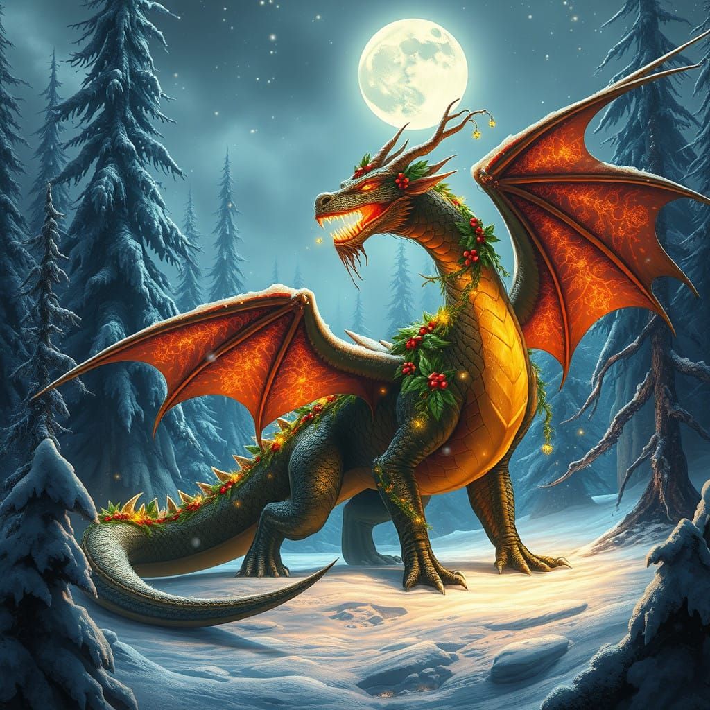 Majestic Christmas Dragon Under Moonlit Snowy Forest