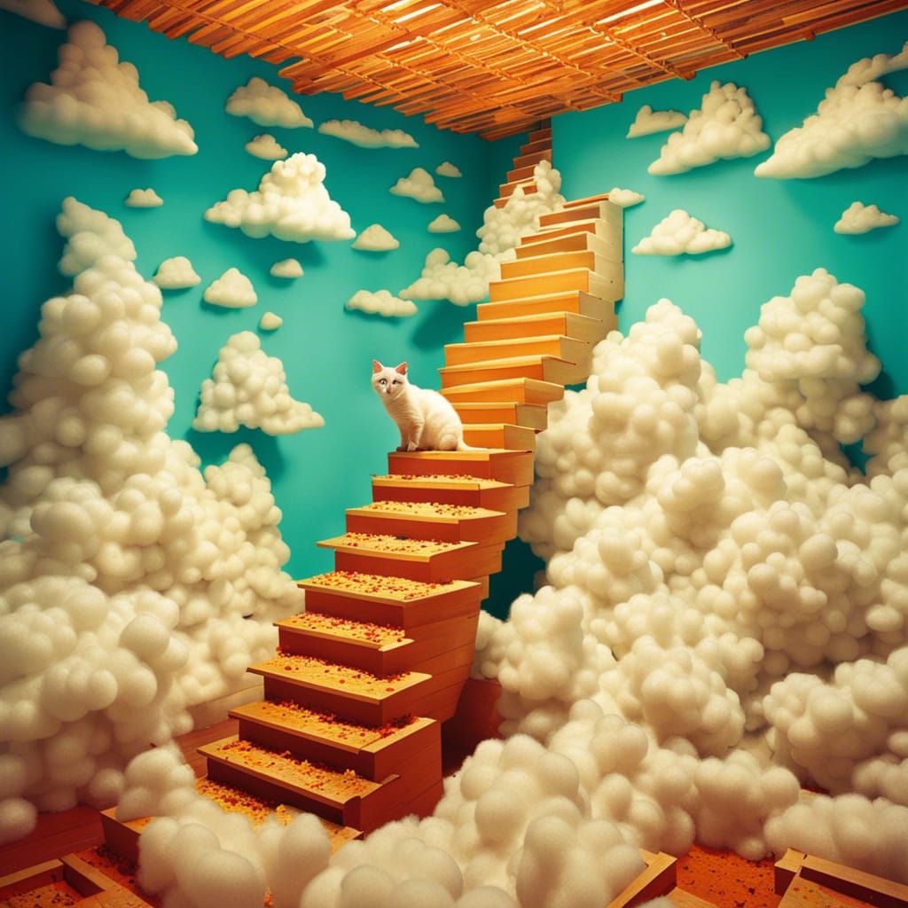 Surreal Stairs Ascend to Feline Heaven