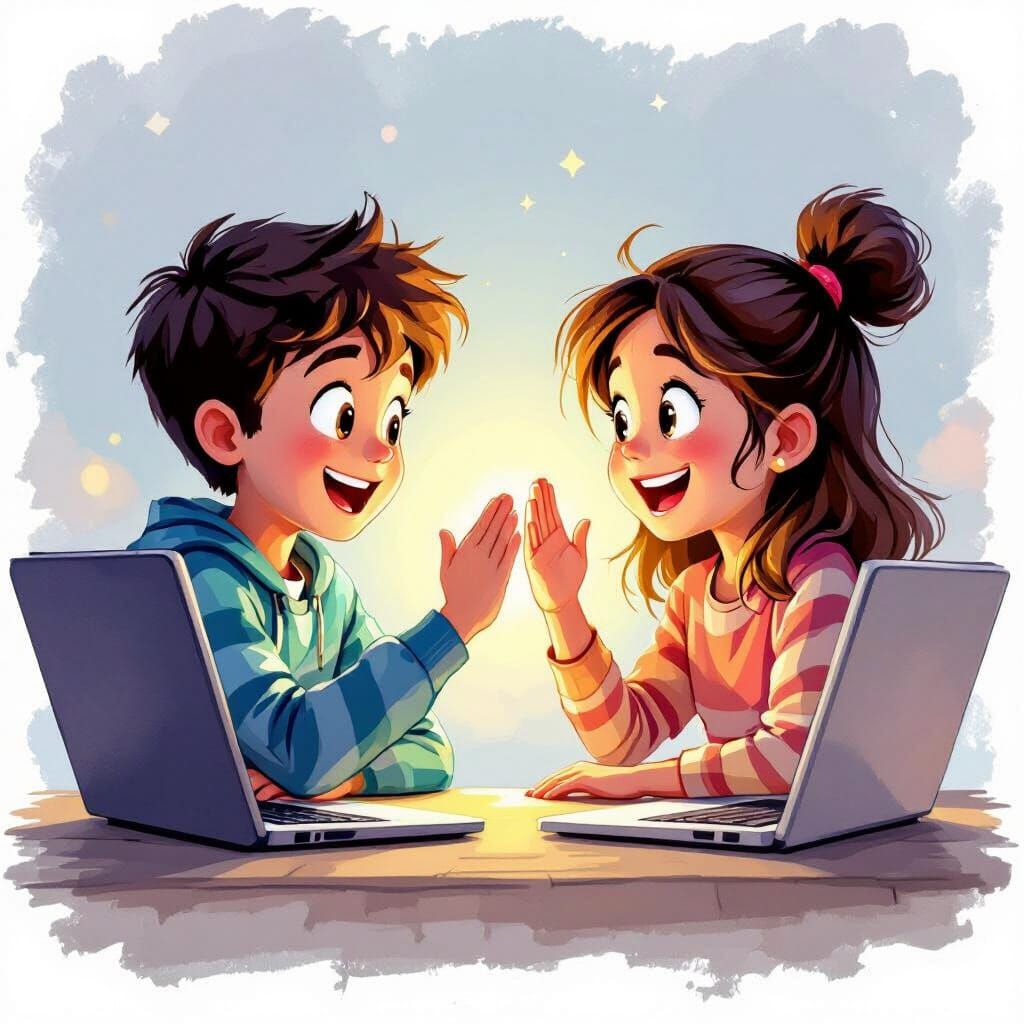 Kids High-Five Over Laptop Success