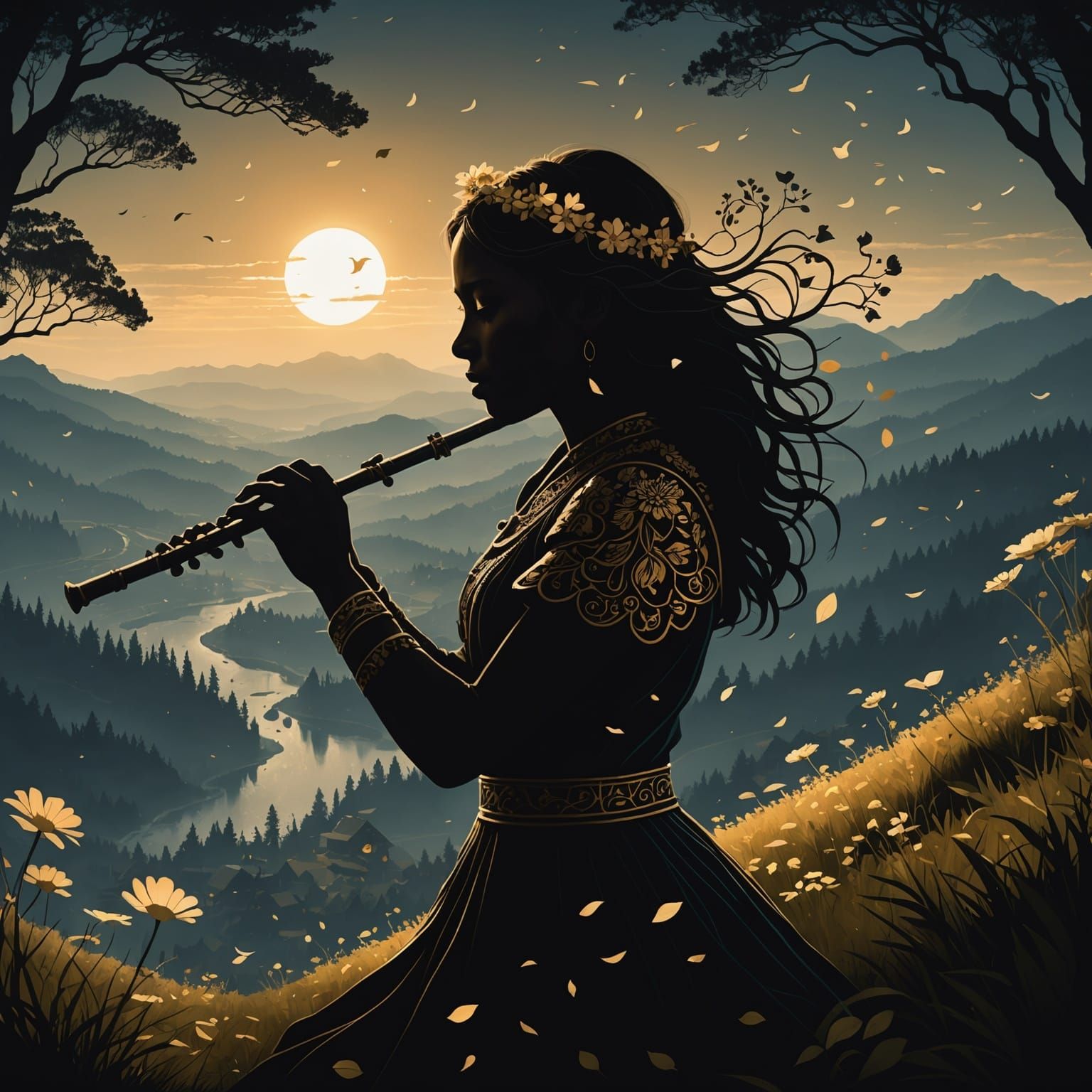 Bronze Age Girl Flute Player Silhouette Art