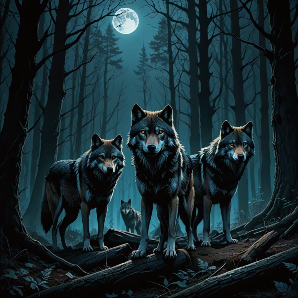 Mysterious Wolves Stand Guard in Dark Fantasy Realm